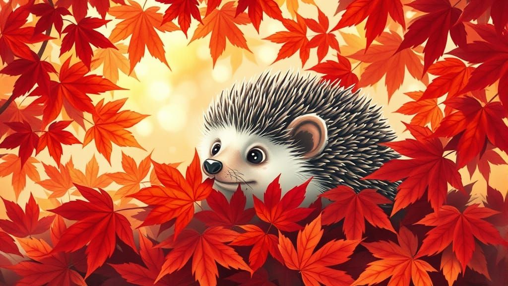 Cute Hedgehog Peeking From Autumn Leaves