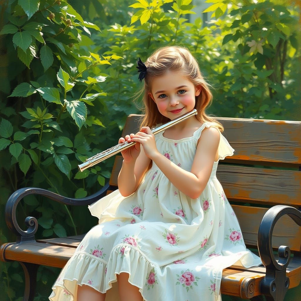 Girl Playing Flute in Lush Garden Setting