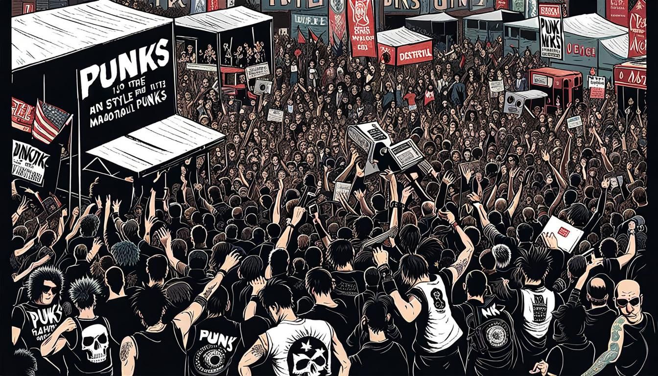 In the style of Mad Magazine: Overhead, view of dark colored punk rock music festival  diversely shaped mass event,spaci...