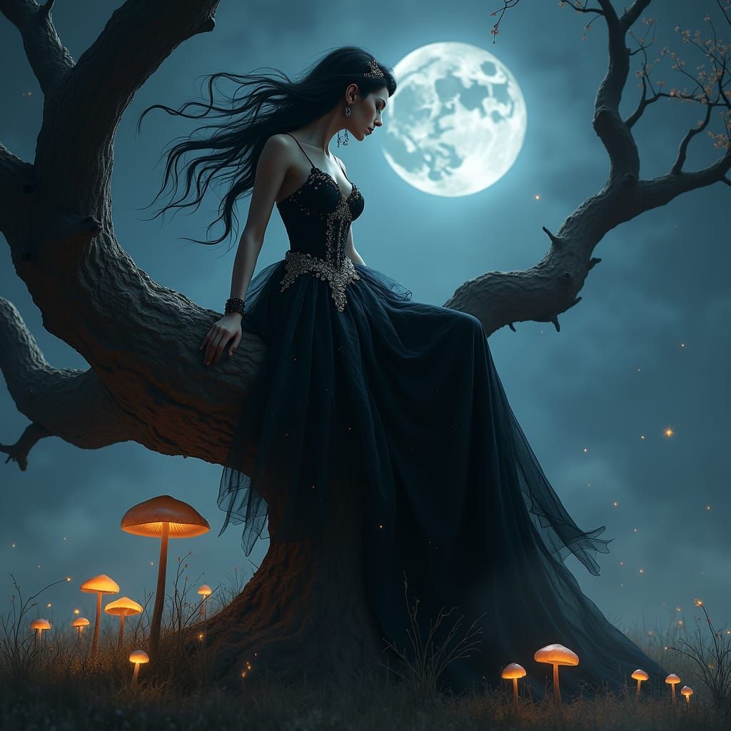 Dark Princess on Ancient Tree, Art Nouveau Style