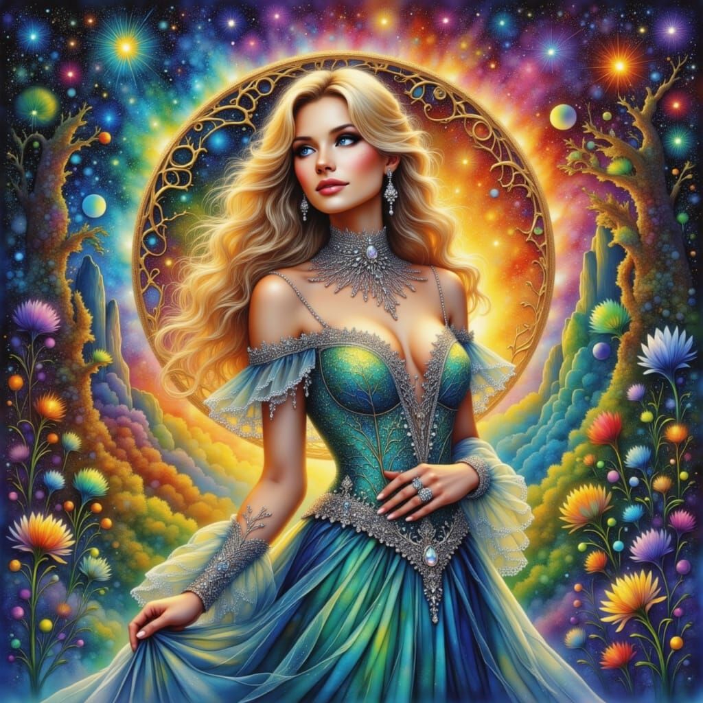 Ethereal Blonde Goddess in Starry Art Nouveau Dreamscape