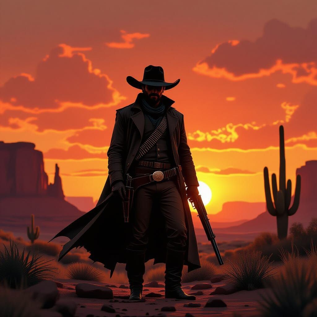Lone Gunslinger at Sunset in Western Film Style