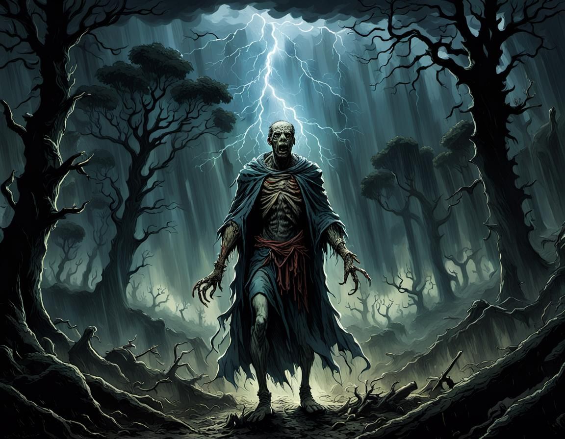 Undead Zombie Emerges from Dark Forest