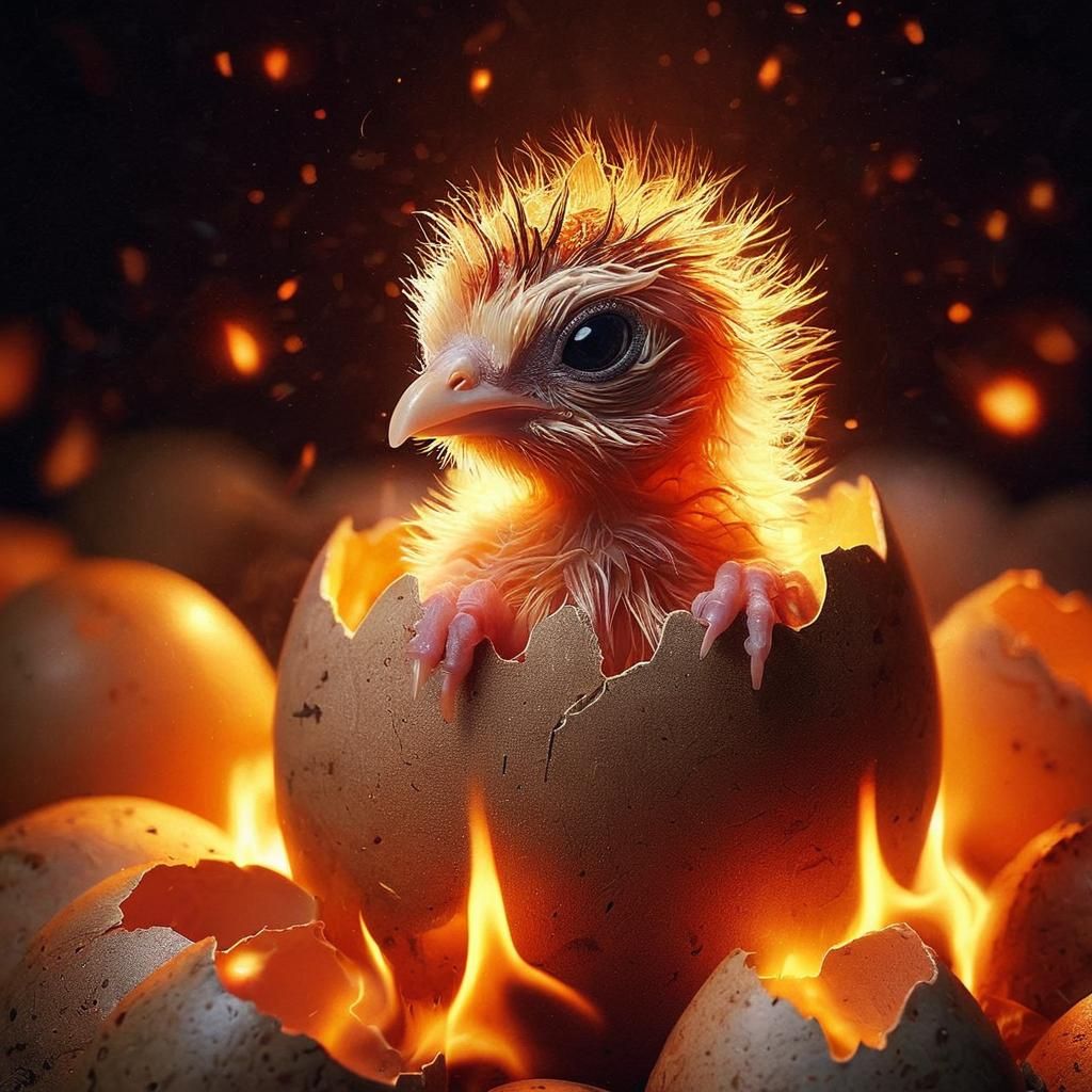 Newborn Phoenix Hatching from Fiery Eggshell