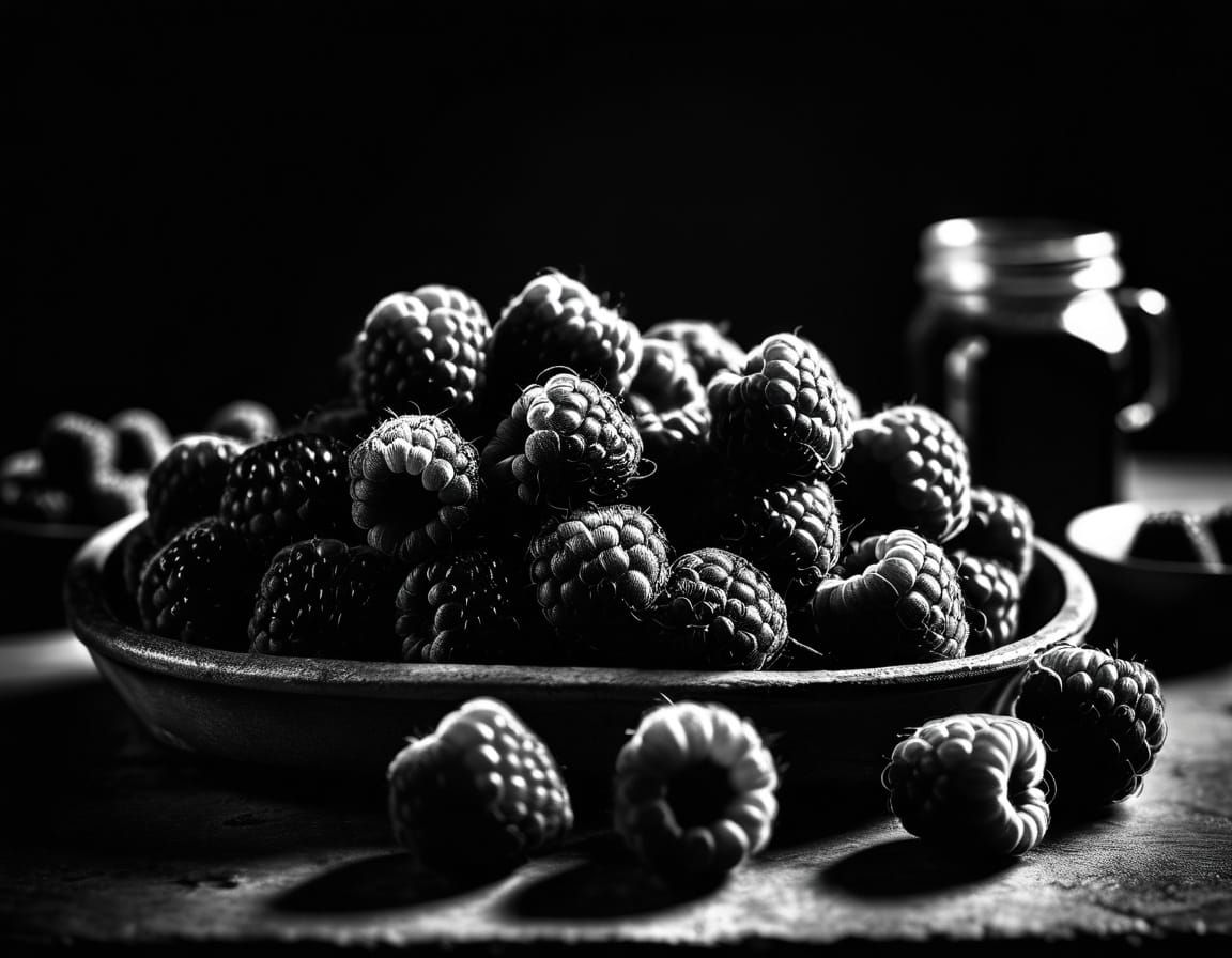 Dramatic Black and White Raspberry Food Photography