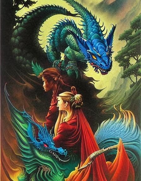 Kitiara Blue Dragon Knight with Hydra, in Dark Fantasy Style