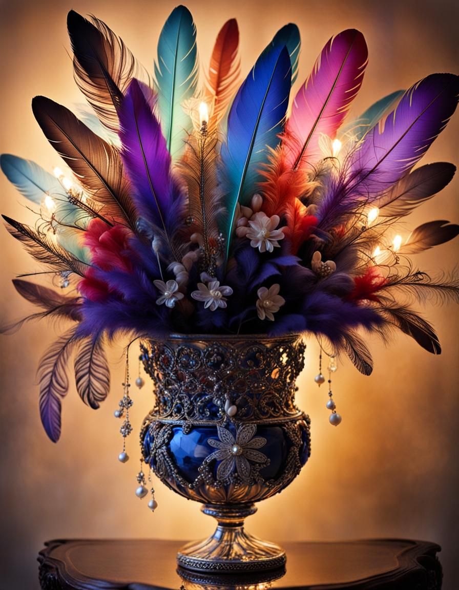 Ornate Glass Vase Displaying Feathers and Jewels