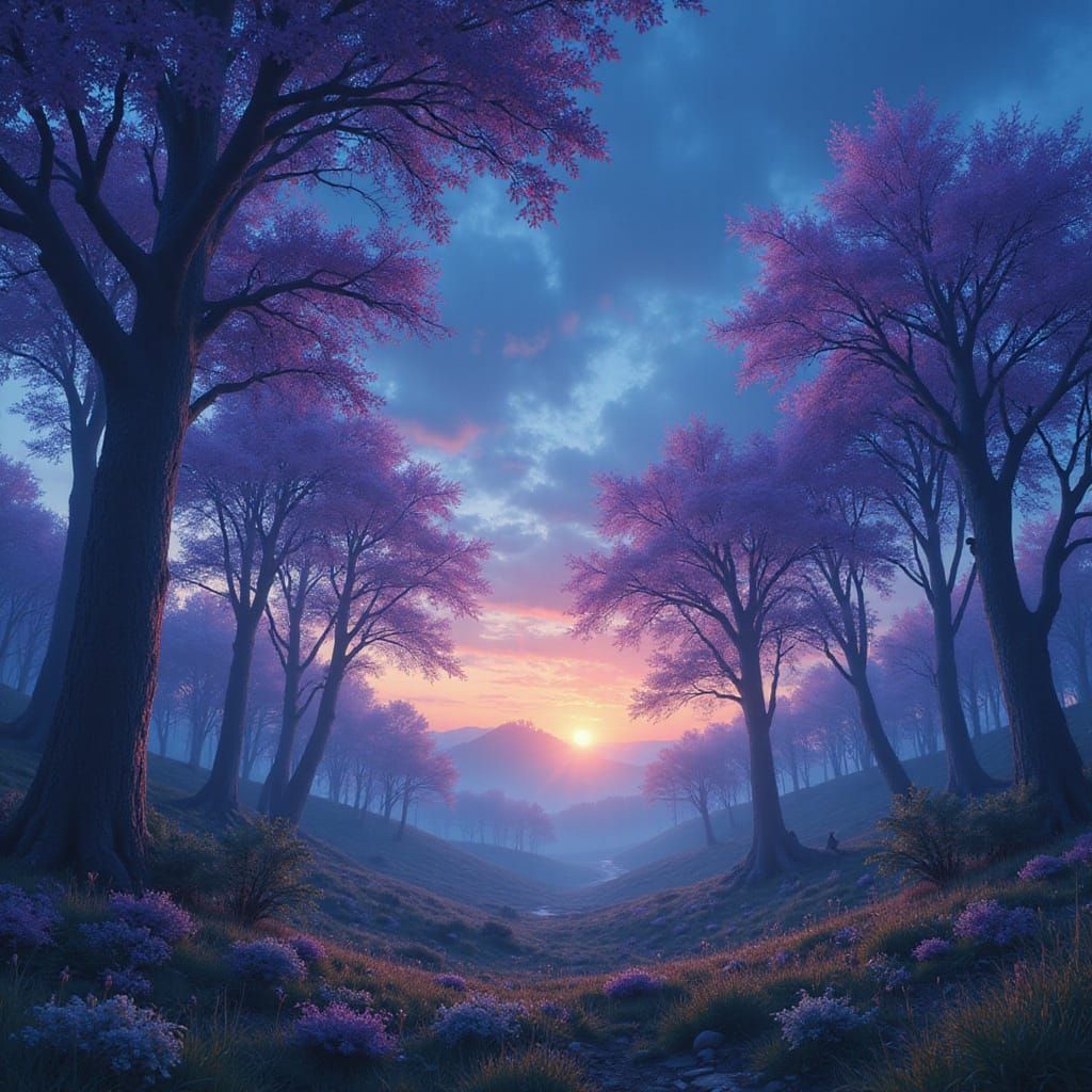 Whimsical Twilight Fairytale Landscape with Dancing Lights a...