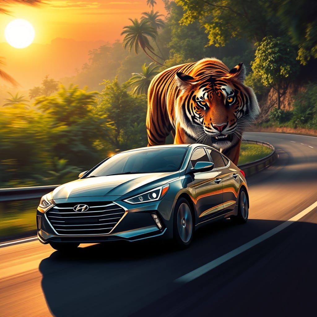 Cyberpunk Hyundai Elantra Speeds Down Winding Road with Beng...