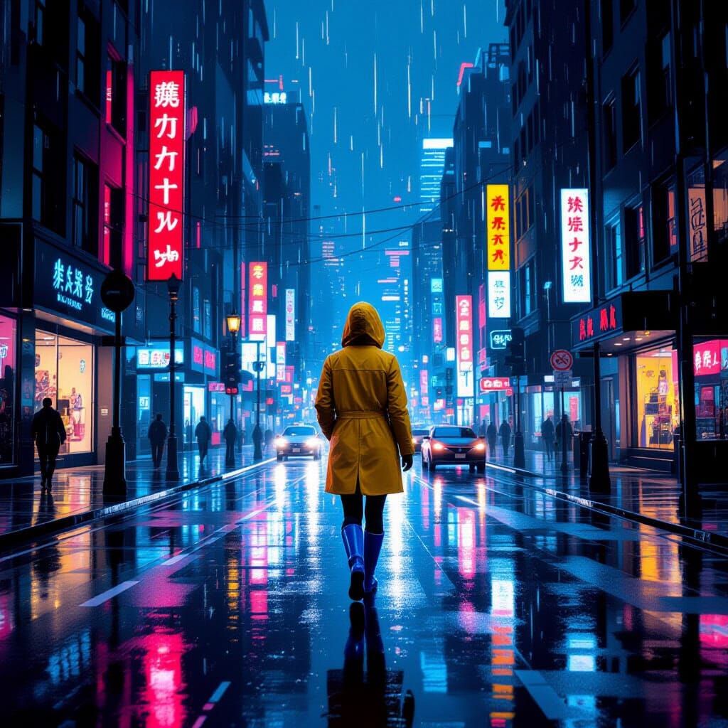 Cyberpunk Noir Rainy City Street Scene