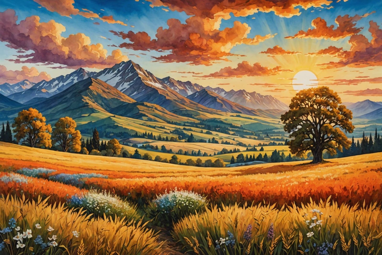Golden Wheat Field Sunset: Detailed Rustic Painting