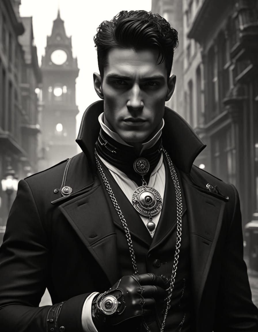 Steampunk Gentleman in High Contrast Black and White