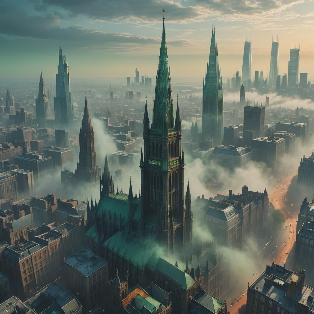 Mystical London Cityscape in Emerald and Amber Hues