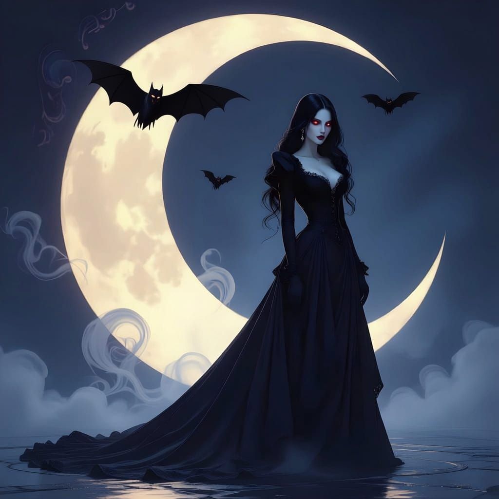 Female Vampire Under Crescent Moon