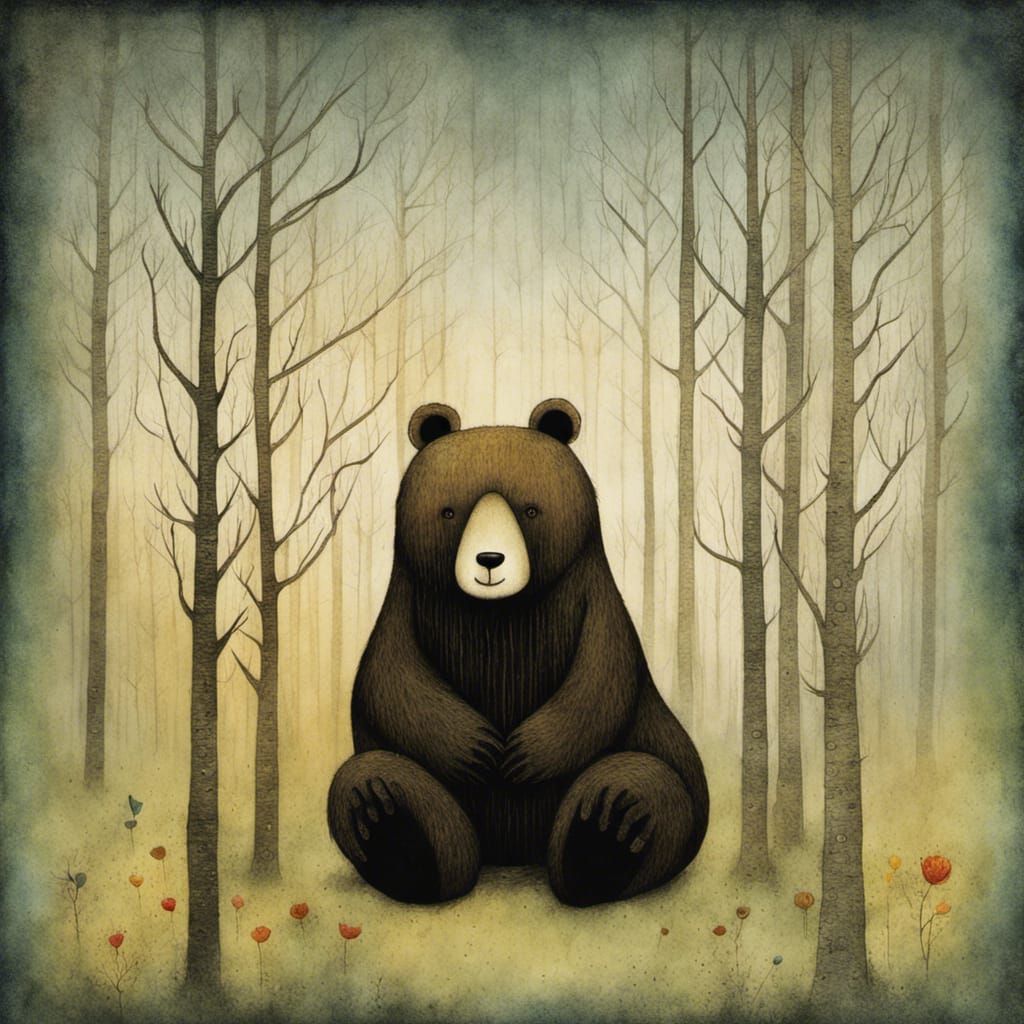 Smiling Bear in Forest, Storybook Illustration