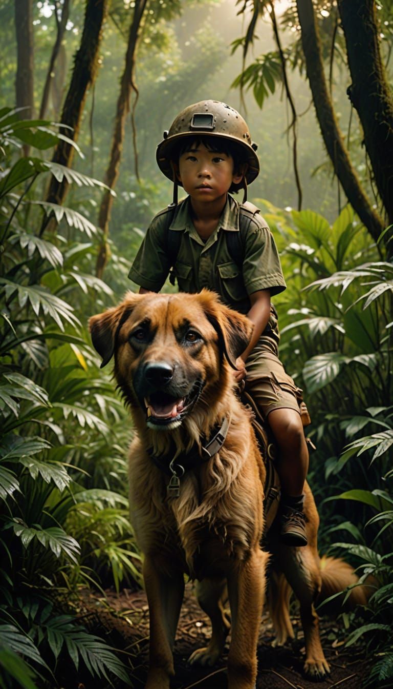 Boy Riding Majestic Jungle Dog Through Lush Undergrowth