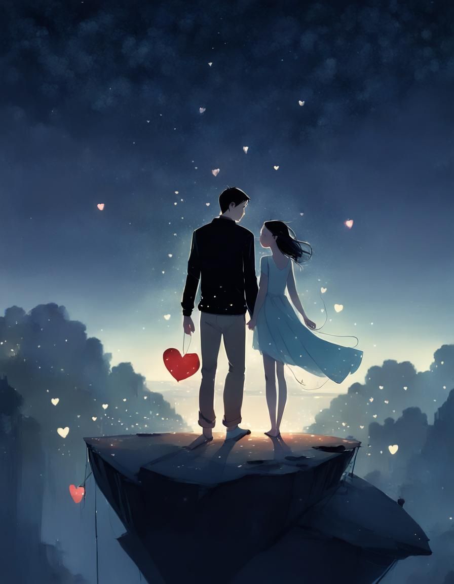 Couple Surrounded by Floating Hearts in Starlight