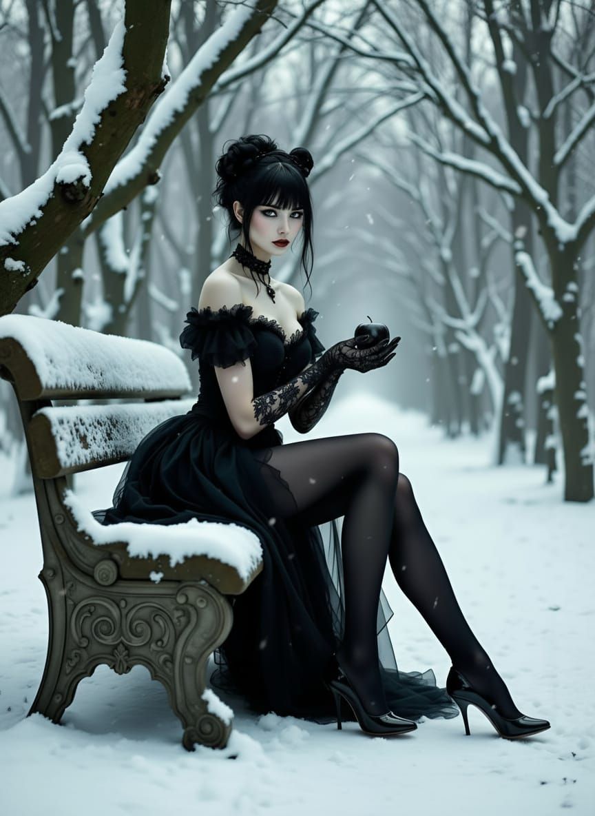 Goth Snow White in Winter Forest