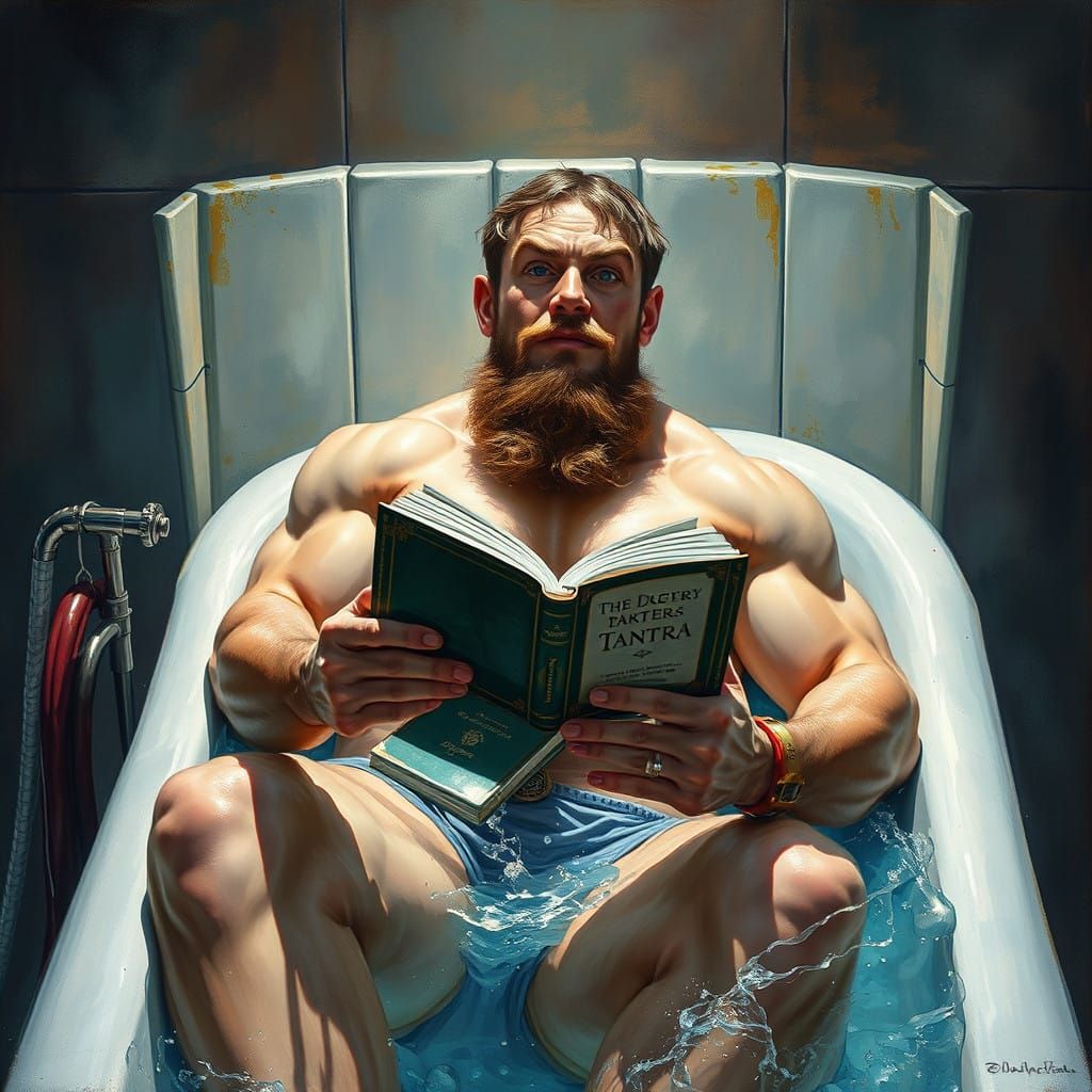 Muscular Figure in Dark Academia Setting, Reading Tantra