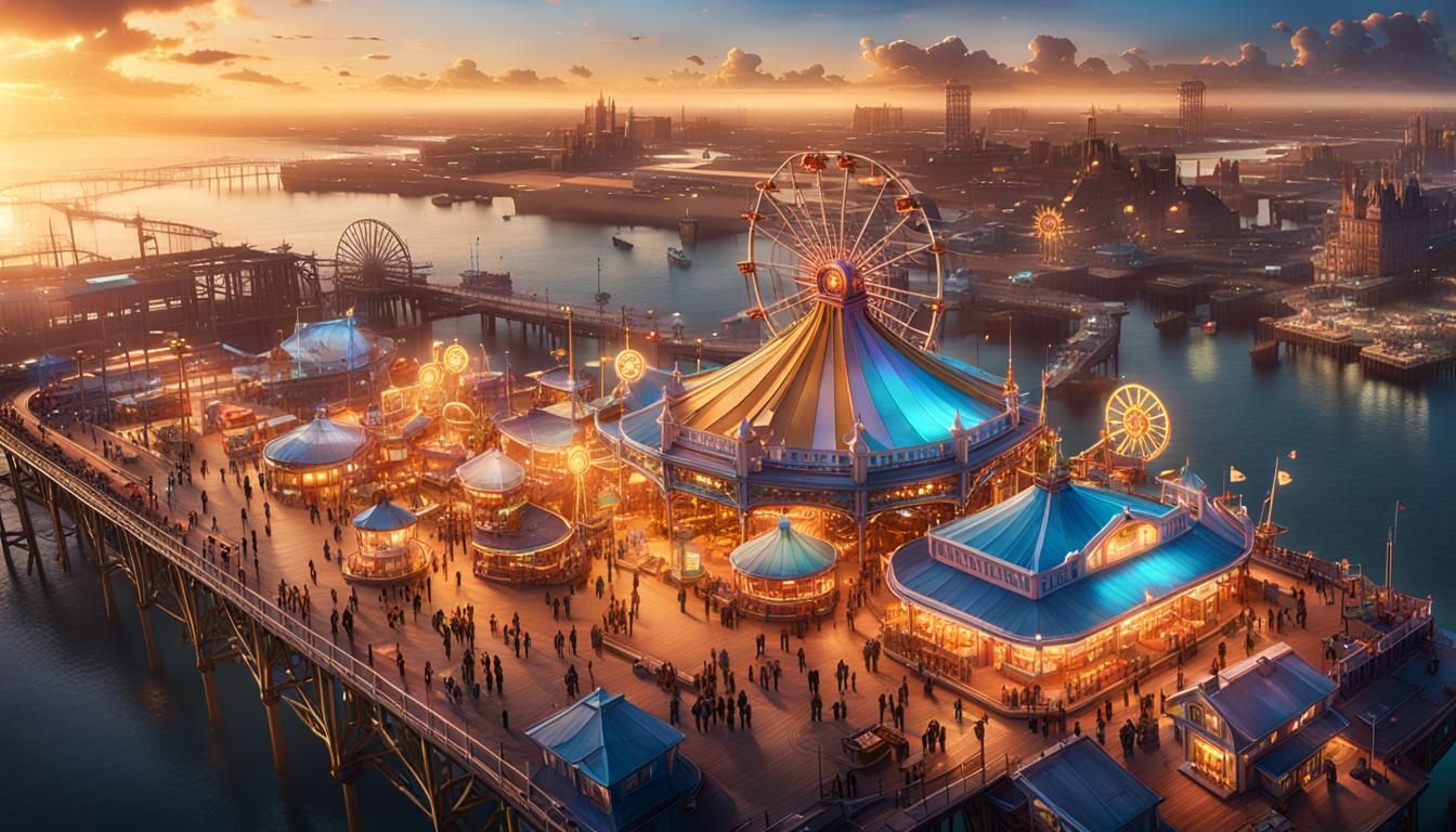 Fantasy Southend Pier Amusement Park at Sunset