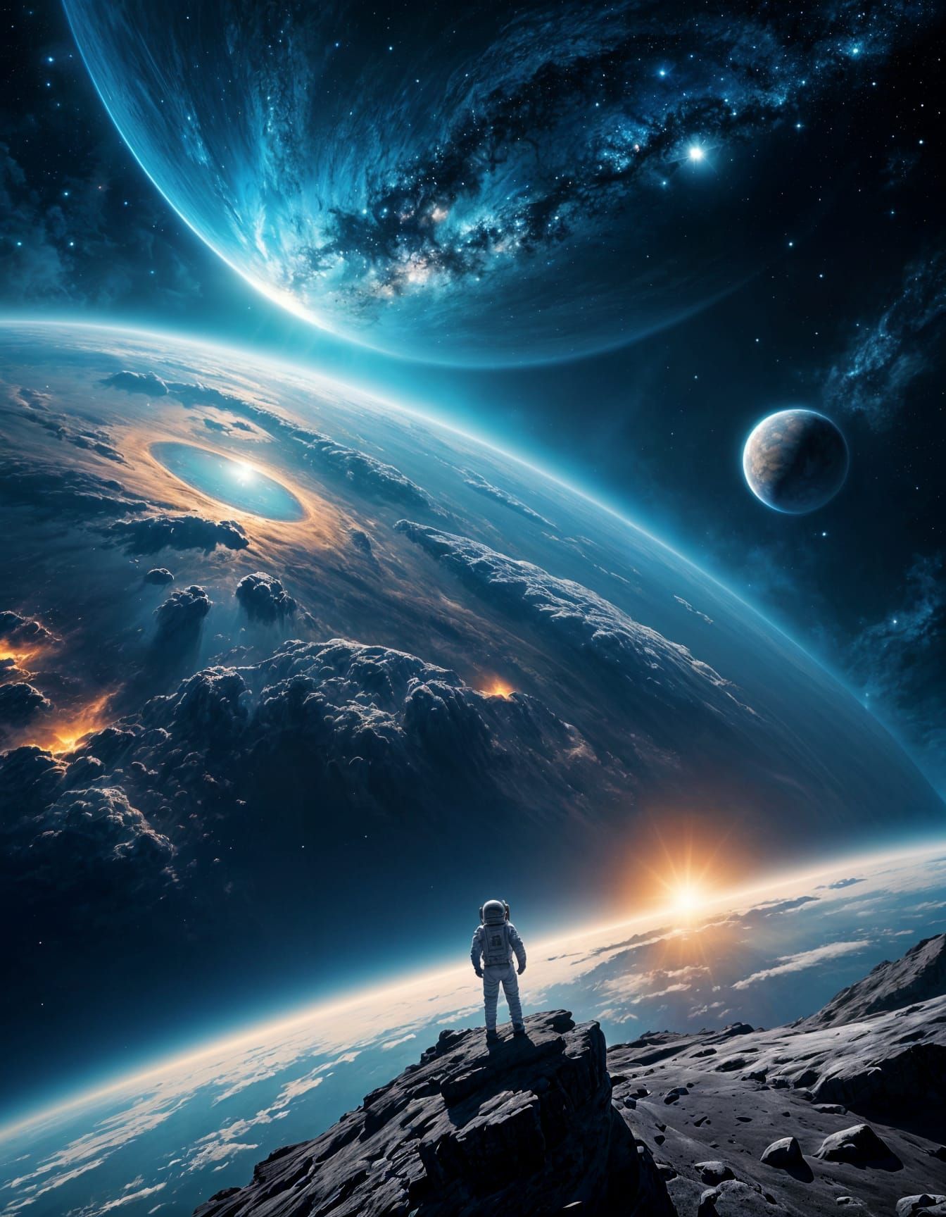 Astronaut Gazes at Diamond Earth from Cosmic Depths