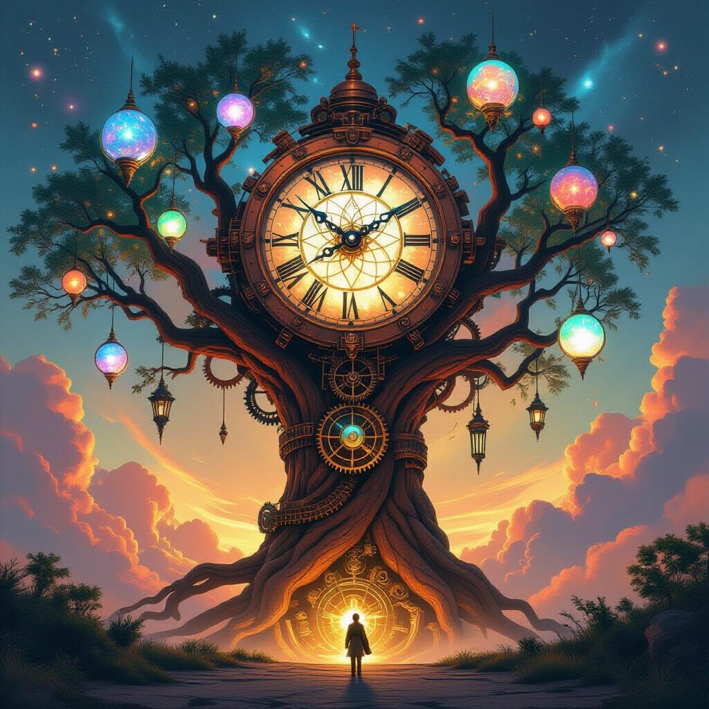 Clockwork Tree in Nebula: Celestial Orbs and Gears