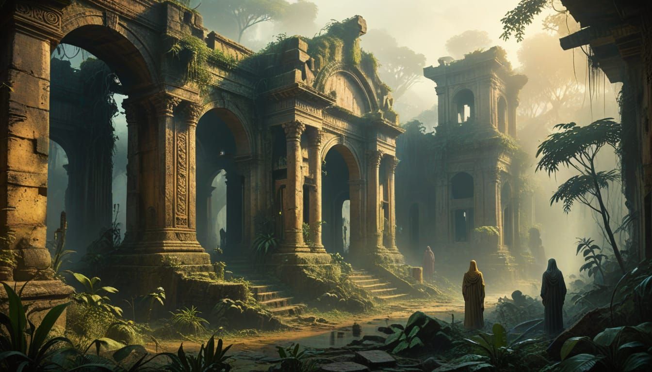 Mystical City Ruins in Dreamy Oil Painting Style