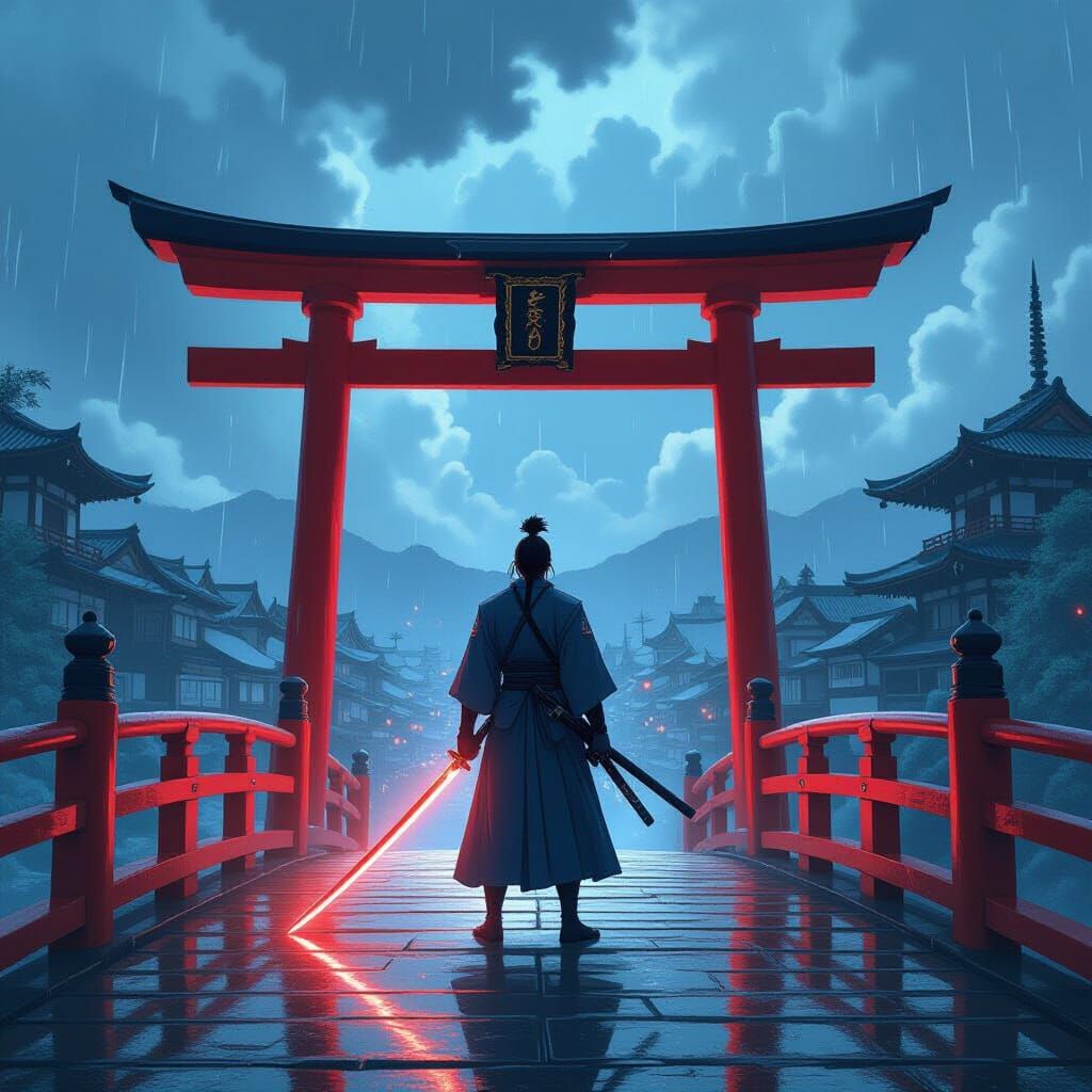 Anime Samurai on Kyoto Bridge with Glowing Katana