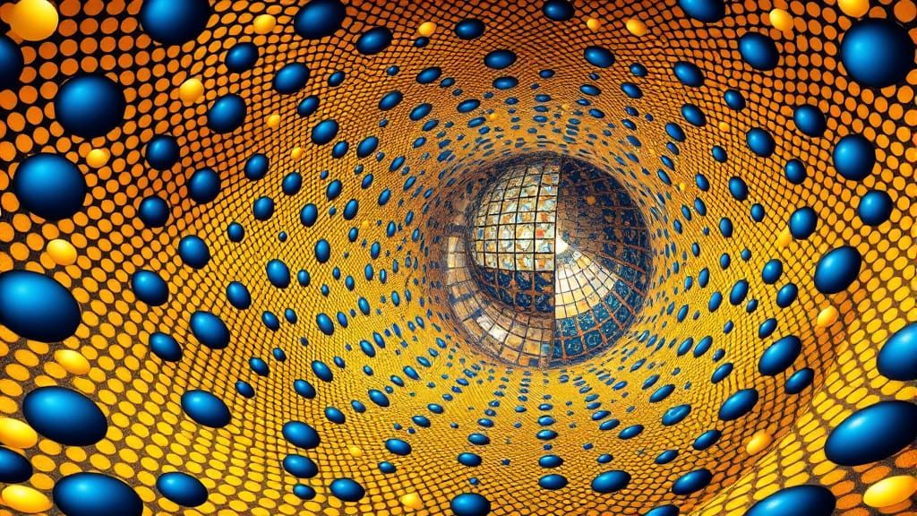 Escher-Inspired Optical Illusion in Swirling Gold and Blue