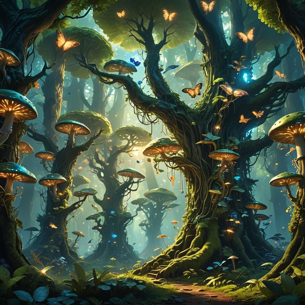 Mystical Forest with Glowing Mushrooms in Art Nouveau Style