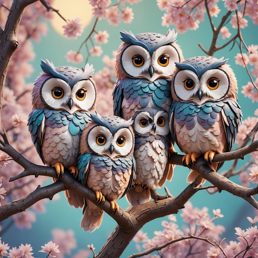 Cute Fluffy Owls on Branch in 3D Style