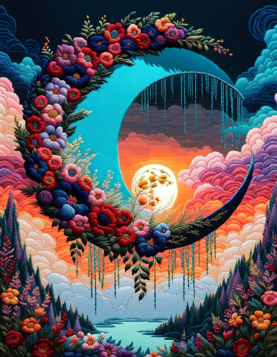 Floral Crescent Moon in Glitchcore Embroidery Art