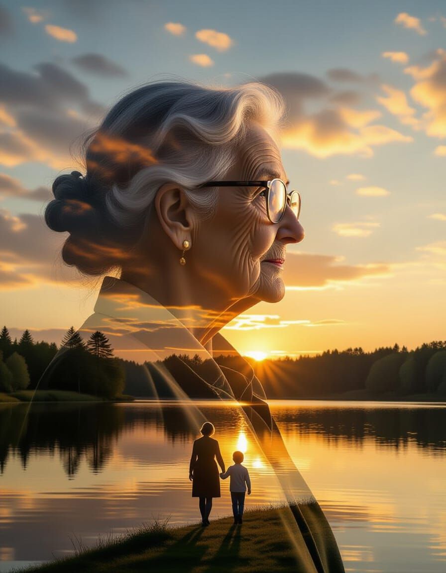 Elderly Woman's Profile Merged with Lakeside Sunset Memory