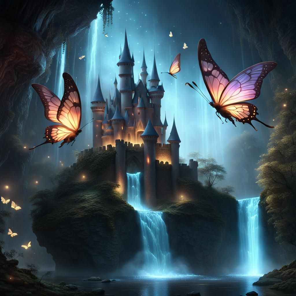 Magical Fairies with Luminescent Butterflies in Fantasy Worl...