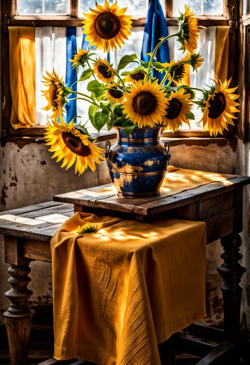 Sunflowers and Delft Blue Flowers in Copper Bucket