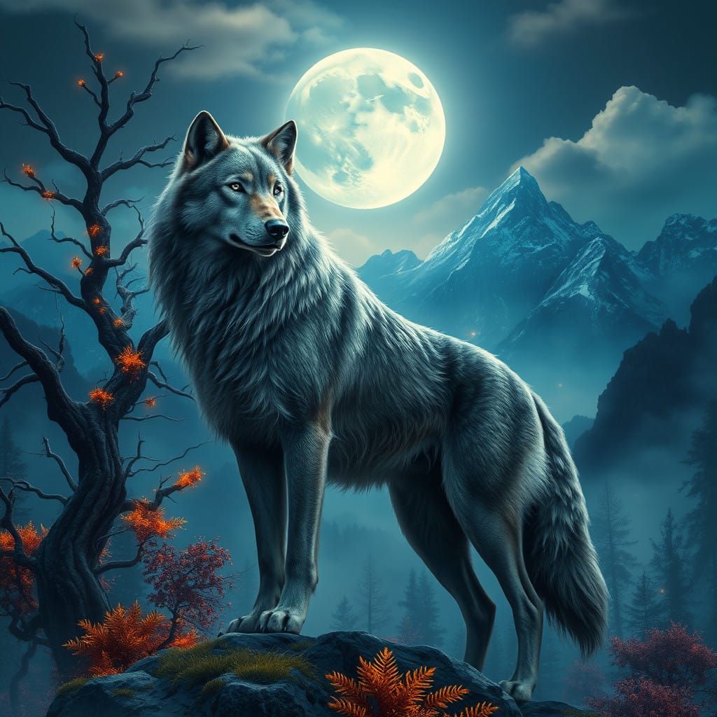 Majestic Grey Wolf Under Iridescent Mountains at Full Moon