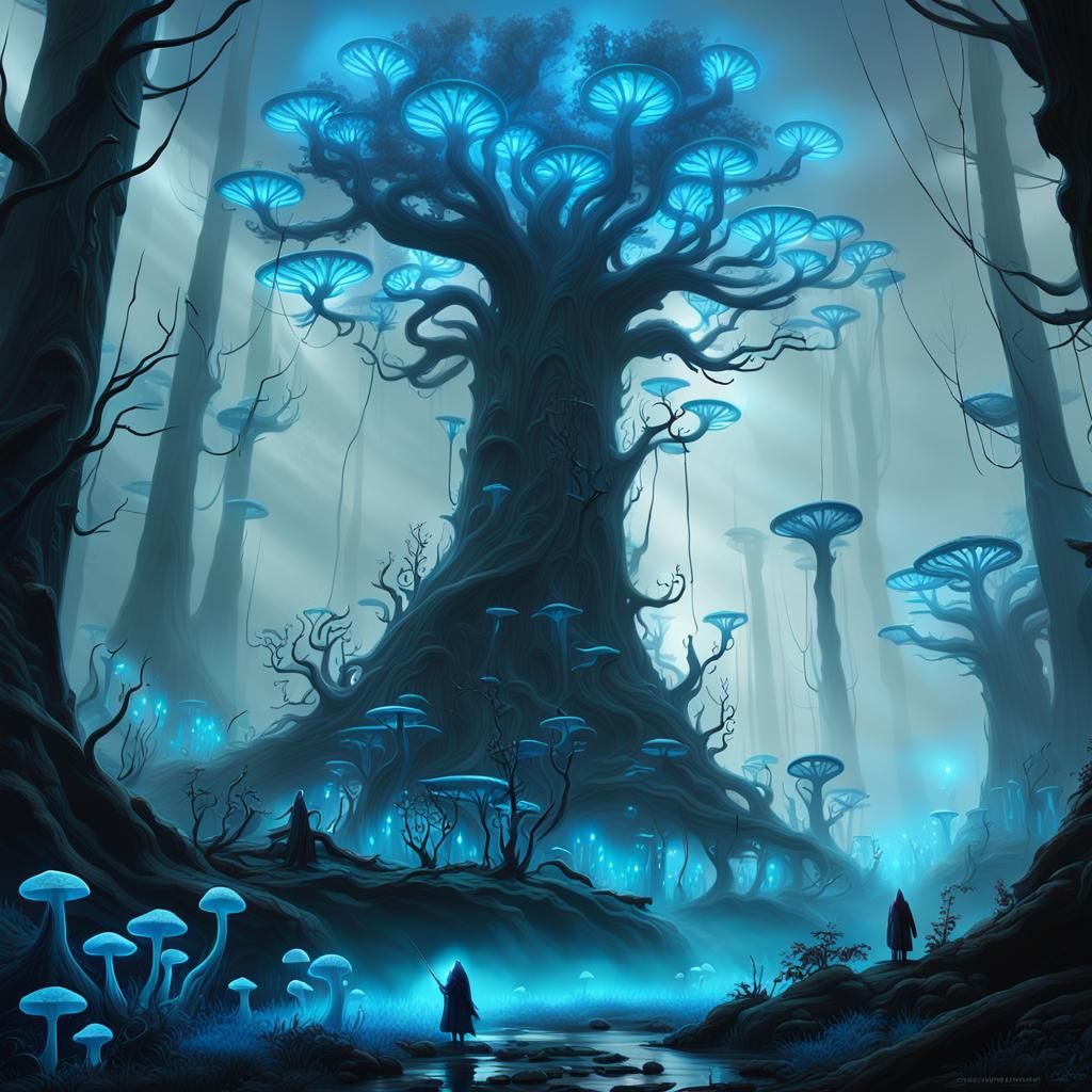 Enchanted Forest with Bioluminescent Plants in Dark Fantasy ...