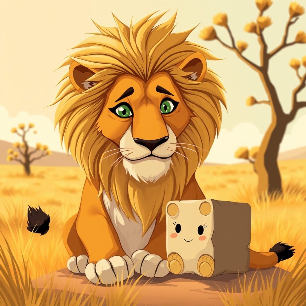 Regal Lion Guards Whimsical Treasure in Sunlit Savannah