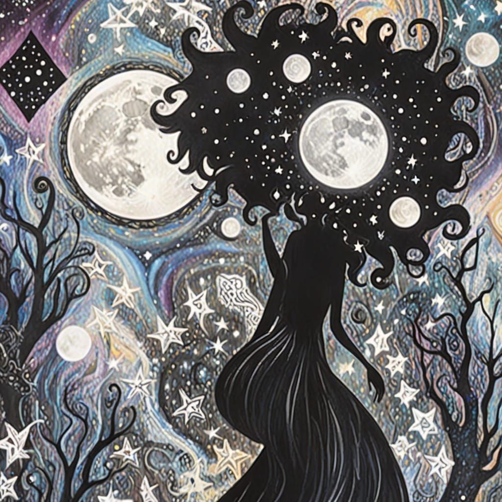 Cosmic Charcoal Dreamscape in Vibrant, Hypnotic Moonlit Colo...