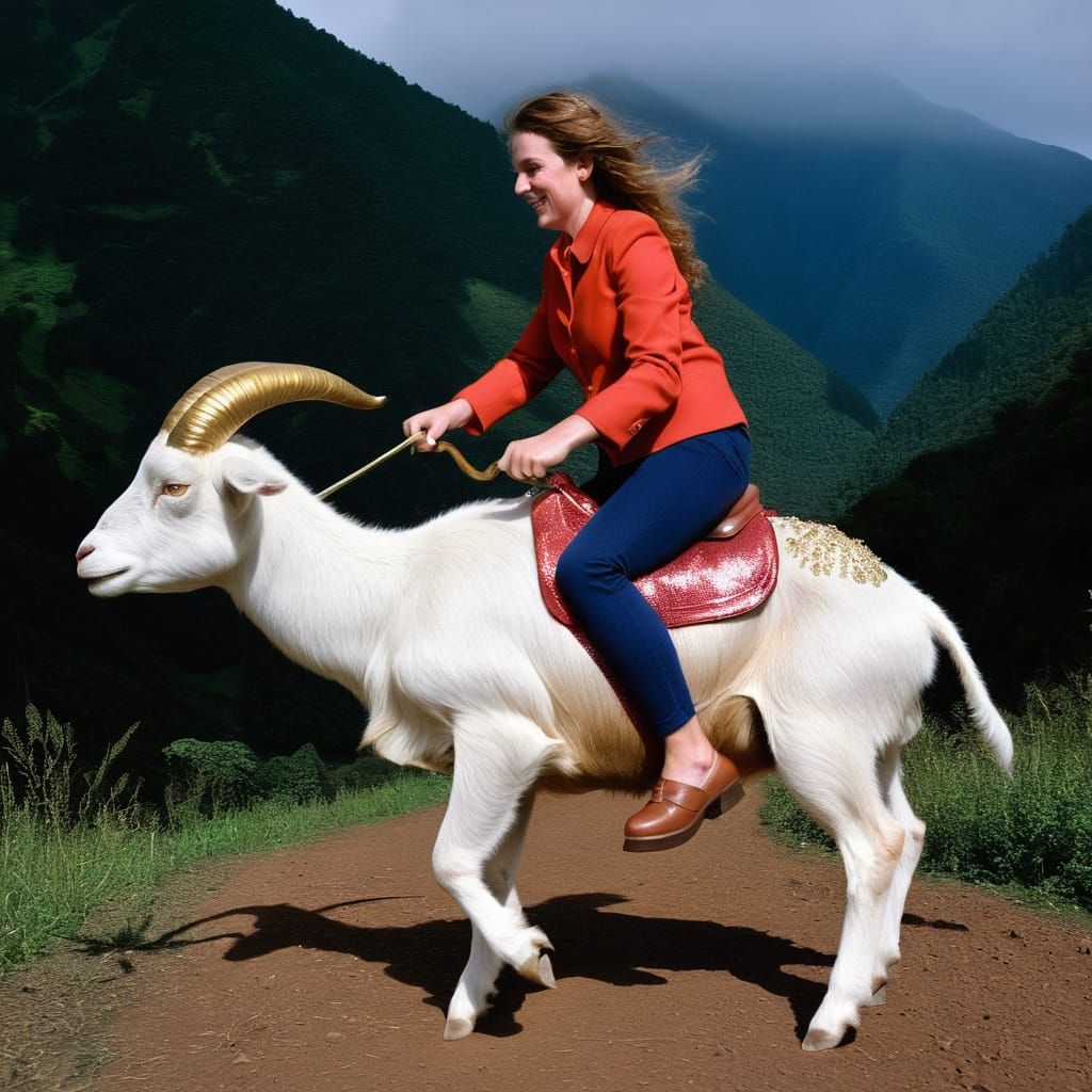 Woman Joyfully Rides a Glittering Goat