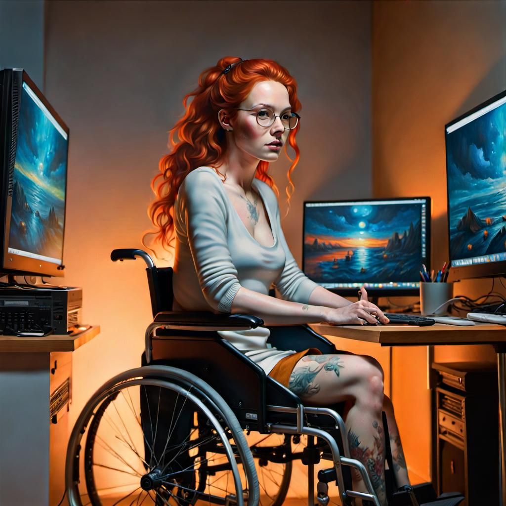 Redhead Hacker in Wheelchair, Oil Painting Style