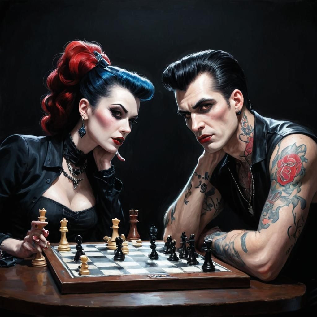 Rockabilly Vampires Play Chess in Lowbrow Style