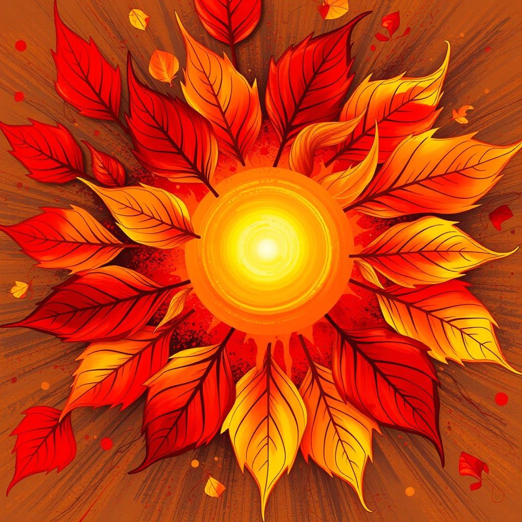 A vibrant, swirling composition of autumn leaves in fiery reds, oranges, and yellows radiates around a glowing sun at th...