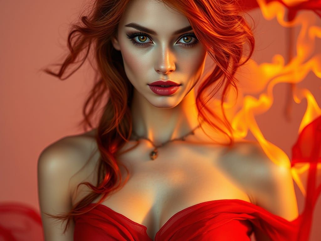 Sensual Fire Queen with Flowing Red Silks