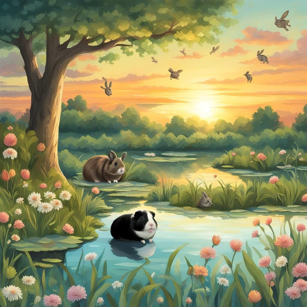 Animals in a Meadow at Sunrise