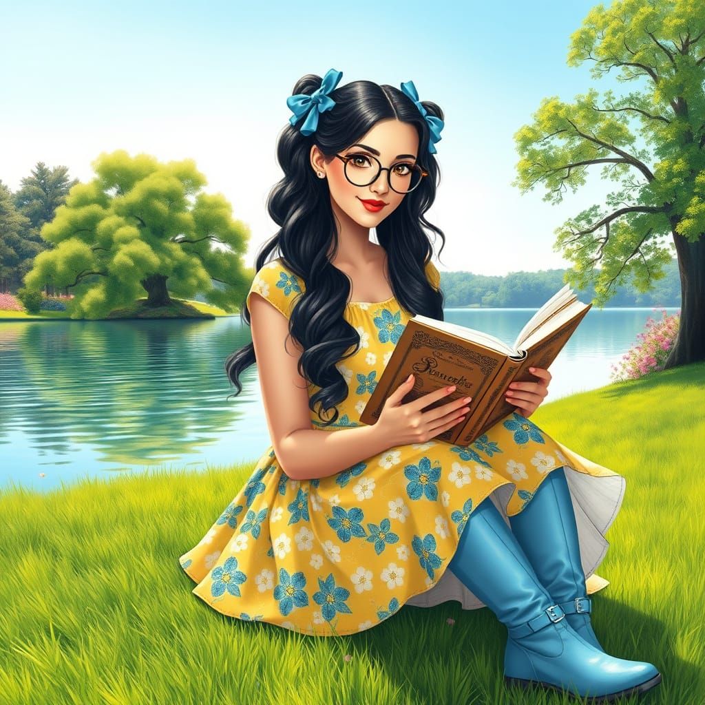 A digital painting of a beautiful woman with long, wavy, bla...