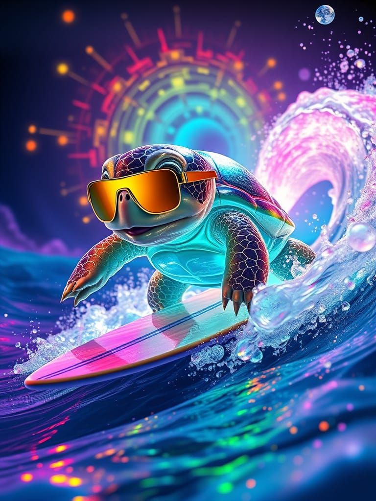 Giant Chibi Tortoise Surfs Rainbow Waves