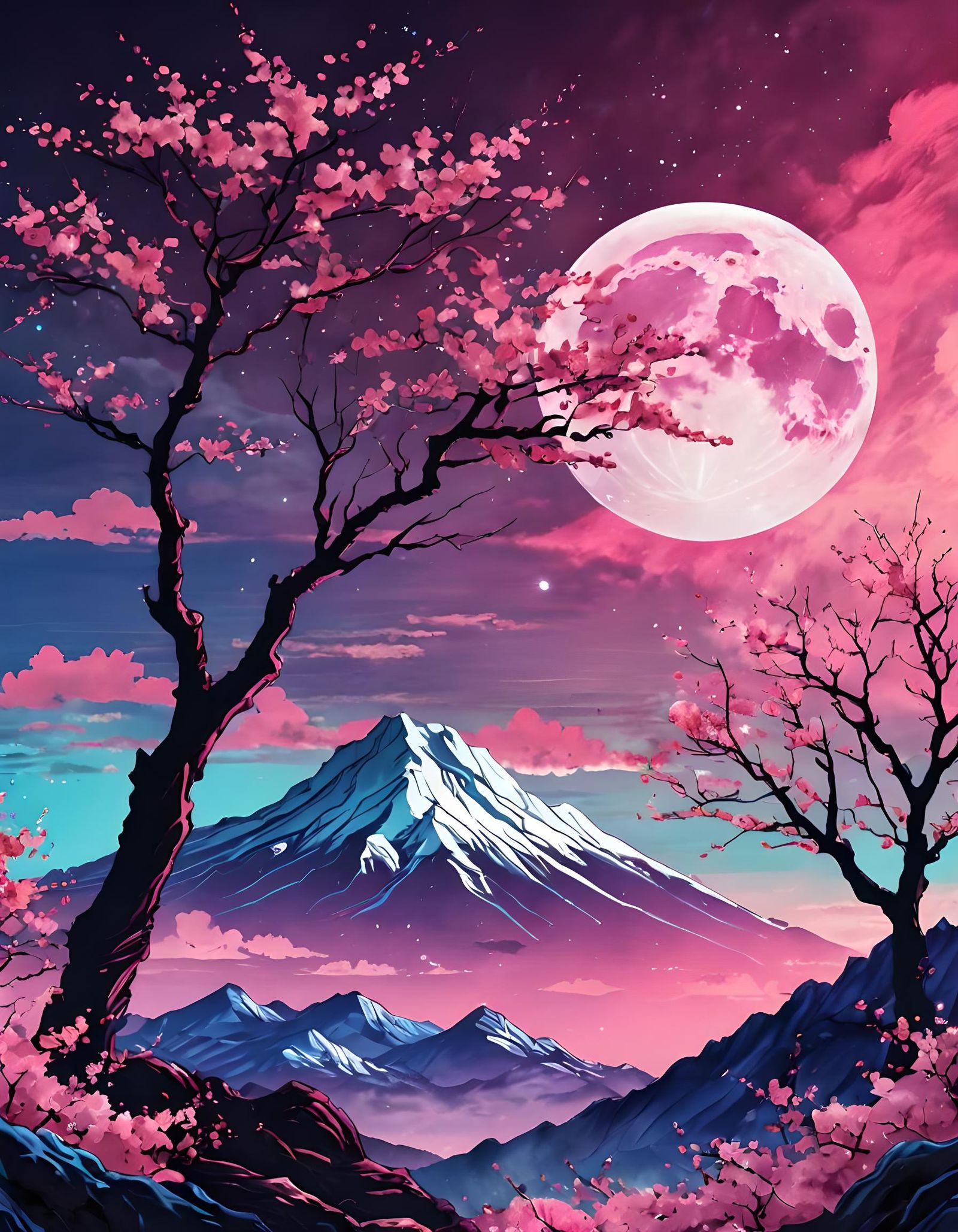 Vaporwave Moonrise Over Cherry Blossoms in Metallic Ink