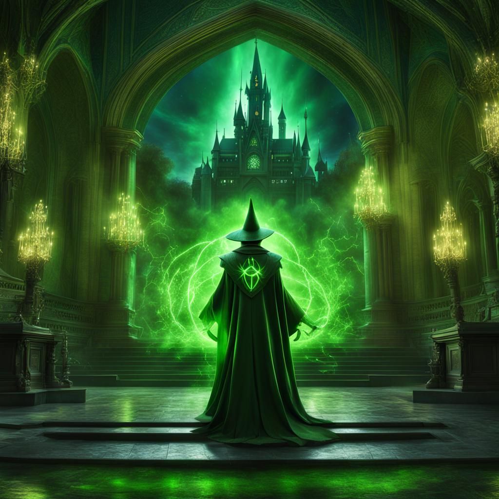 Green Dark Mage with Magical Energy in Hell Palace