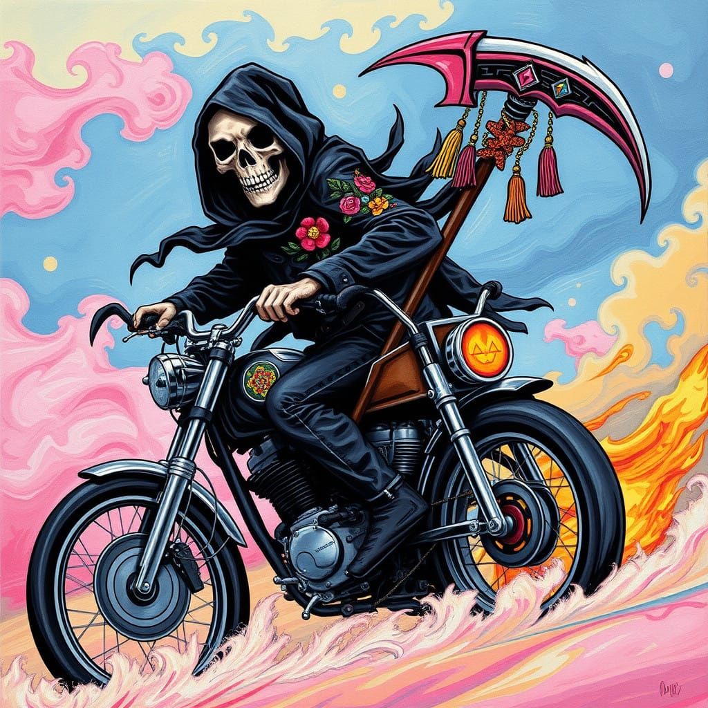 Grim Reaper Rides into Whimsical Dreamscape with Flame-Engul...